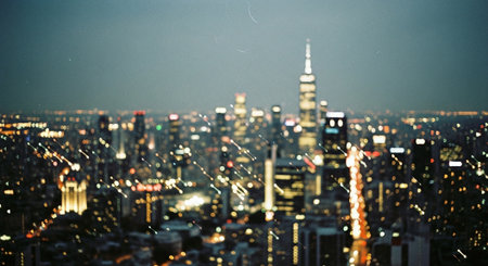 New York City skyline at night with urban skyscrapers, USA.の素材
