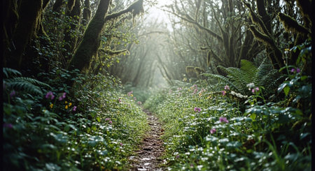 Path in the forest with blooming wildflowers and green mossの素材