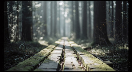 Pathway in the forest with tree trunks in the background.の素材