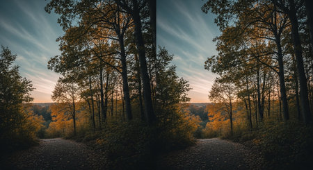 Sunset in the autumn forest. Panoramic view of the forest.の素材