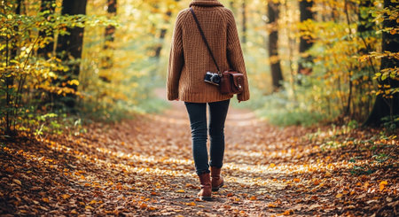 A girl in a brown coat walks through the autumn forest with a camera.の素材
