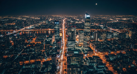 Aerial view of the city of Frankfurt am Main at night, Germanyの素材