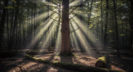 Morning in the forest with sunbeams shining through tree trunksの素材