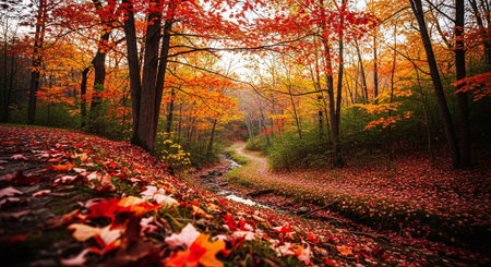 Autumn forest landscape with colorful leaves on the ground and path.の素材