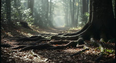 Mysterious and mysterious forest with old tree trunks and rootsの素材