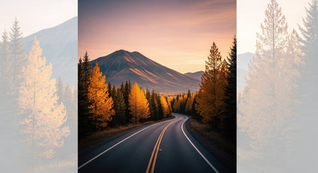 Composite image of two images of a road in the mountainsの素材