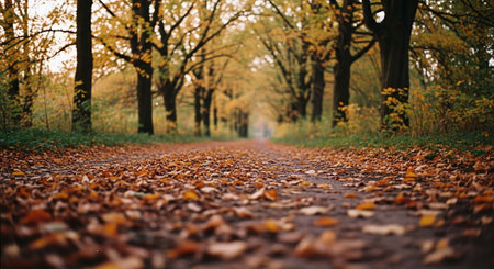 Autumn road through the forest. Beautiful autumn landscape with fallen leaves.の素材
