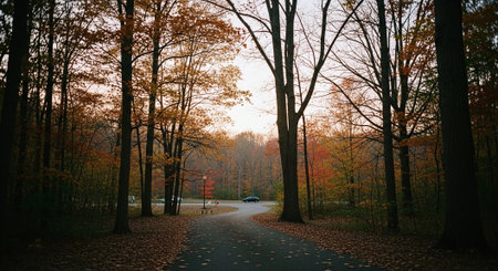Autumn landscape with road and trees in the park at sunset.の素材