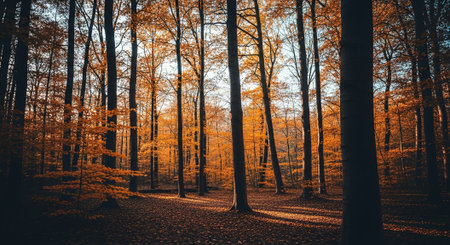 Sunlight in the autumn forest, vintage toned picture. Nature backgroundの素材