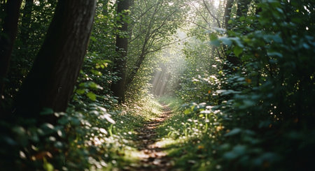 Path through the forest with sunbeams passing through the trees.の素材