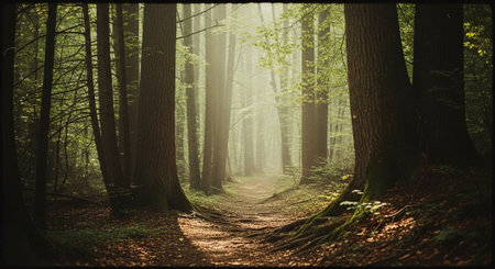 Path in the forest in a foggy morning. Panorama.の素材