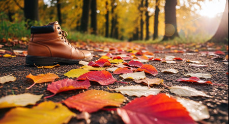 Leather shoes and autumn leaves on the ground in the park.の素材