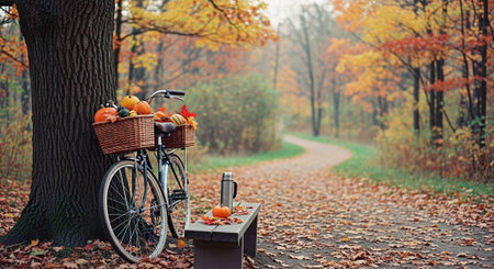Bicycle with basket of autumn fruits and vegetables on road in parkの素材