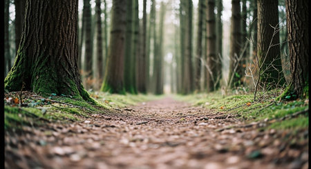 Path in the forest with tree trunks and mossy ground.の素材
