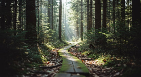 Path in the forest. Beautiful autumn landscape. Sun rays through the trees.の素材