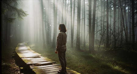 Rear view of a young woman standing on a wooden walkway in a mysterious dark forestの素材