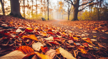 Autumn landscape with fallen leaves on the ground in the forest.の素材
