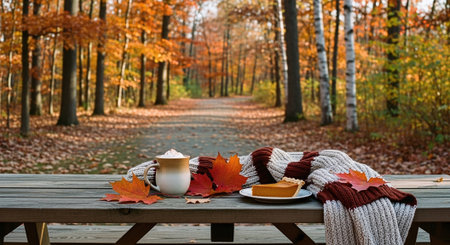 Coffee cup with warm scarf on wooden table in autumn park.の素材
