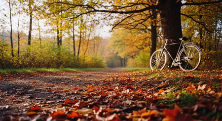 Bicycle on the road in the autumn forest. Beautiful nature backgroundの素材