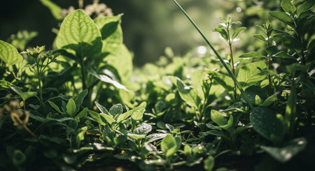 Little green plant in the garden. Natural background. Vintage tone.の素材