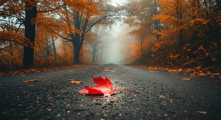 Autumn maple leaf on asphalt road in foggy forest. Beautiful nature backgroundの素材