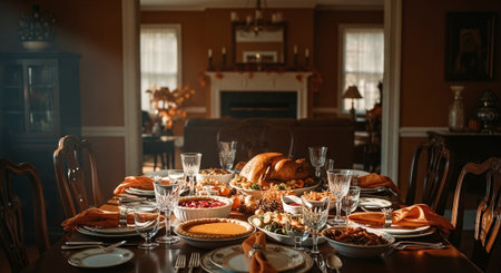 Festive table setting for Thanksgiving dinner in a rustic style.の素材