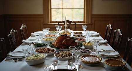 Thanksgiving dinner table setting with turkey and other traditional festive dishes.の素材