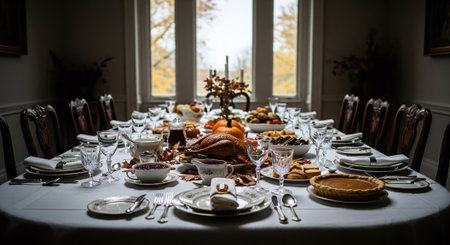 Autumn table setting with pumpkins, apples, pie, croissants and other dishesの素材