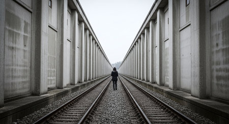 A man standing on the rails of a train station in the fogの素材