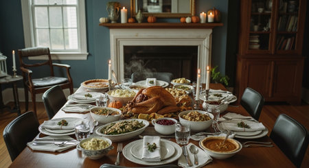 Traditional Christmas dinner with turkey, mashed potatoes and vegetables on a wooden tableの素材