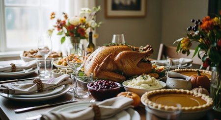 Thanksgiving dinner table with turkey, mashed potatoes, pumpkin and other dishesの素材