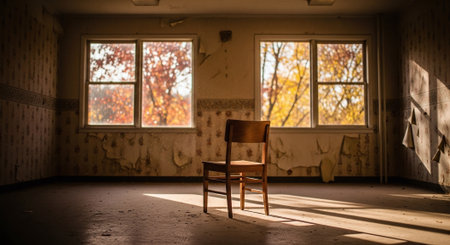 Abandoned room with wooden chair in front of window in autumnの素材