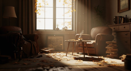 Autumn leaves on the floor in the living room. 3d renderingの素材