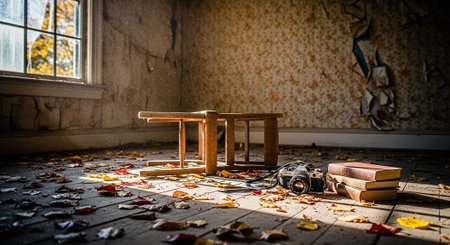 Vintage photo camera and books on the floor in an abandoned houseの素材
