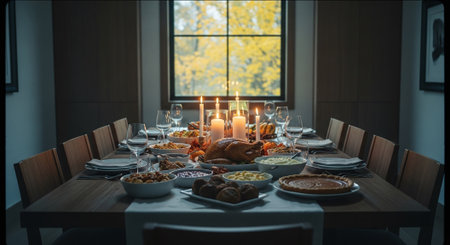Festive table for Thanksgiving dinner with turkey, baked apples, candles and other dishesの素材