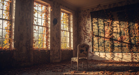 Old abandoned room with an armchair in the middle of the fallen leavesの素材