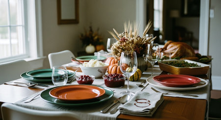 Festive table setting for Thanksgiving dinner. Selective focus. Holiday.の素材