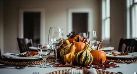Autumn table setting with pumpkins and leaves. Thanksgiving dinner.の素材