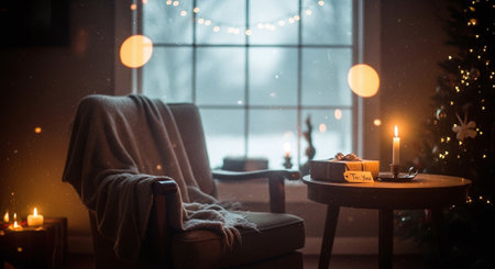 Christmas tree with candles in living room at night. Christmas holiday conceptの素材