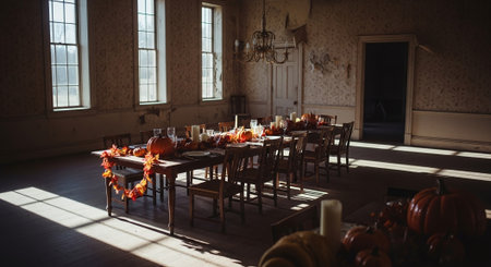Interior of a halloween party with pumpkins and candlesの素材