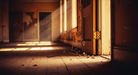 Abandoned corridor at night with falling leaves. Halloween concept.の素材