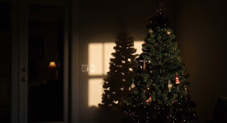 Christmas tree with garland and light bulbs at night, 3d renderの素材