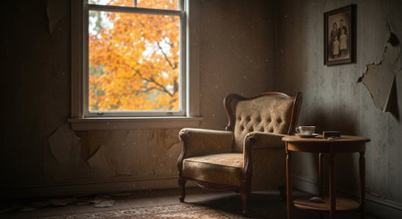 Vintage armchair in the room with a window and autumn leavesの素材