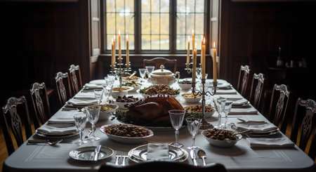 Festive table setting for Thanksgiving dinner with roasted turkey, coffee beans, candlesticks and cutlery.の素材