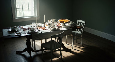 Elegant dining room with table and chairs. Selective focus.の素材