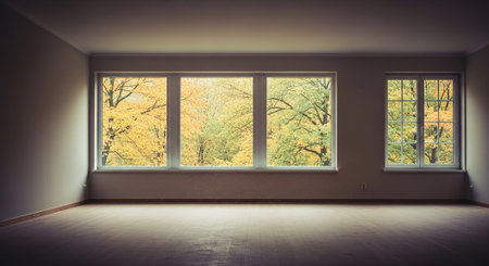 Empty room with big windows and autumnal foliage in the background.の素材