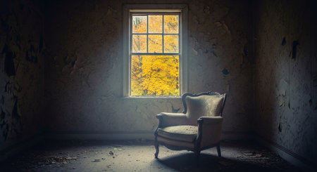 Abandoned room with an armchair and a window in the backgroundの素材