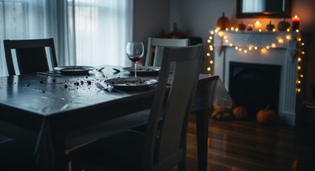 Dining table with red wine in dark room with fireplace and christmas lightsの素材