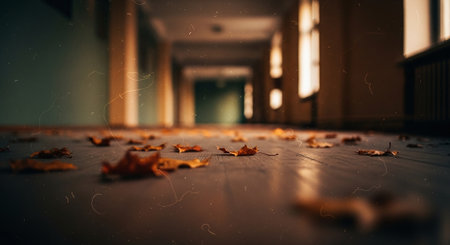 Fallen autumn leaves on the floor in a corridor. 3d renderingの素材
