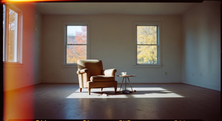 interior of an empty room with a chair and a coffee tableの素材